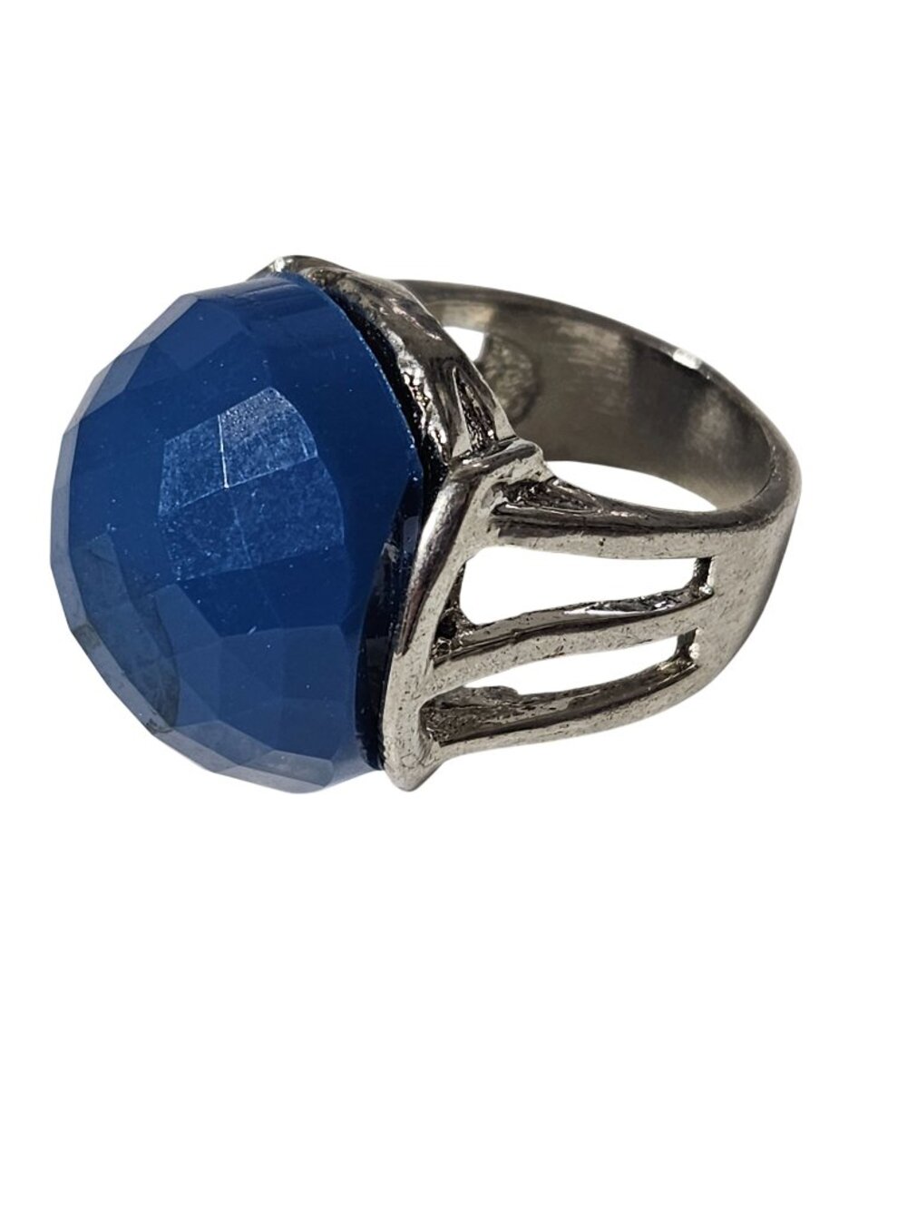 Retro Blue Faceted Gemstone Chunky Dome Ring Silver Tone Open Band Jewelry